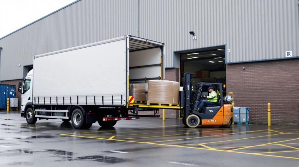Forklift loading a wrapped pallet onto a rigid lorry at a loading dock for transfer to a second depot
