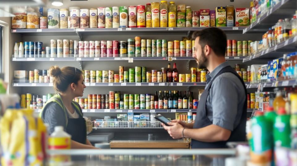 Field sales representative with a tablet talking to a shop owner across the counter of a convenience shop