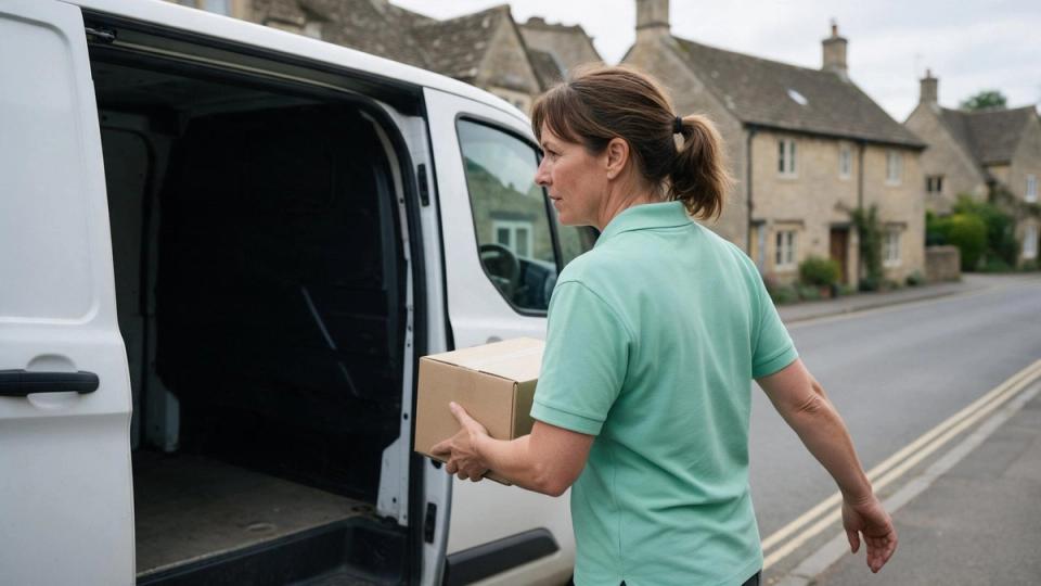 Driver in a mint-green polo carries one small box from a nearly empty white van in a stone village