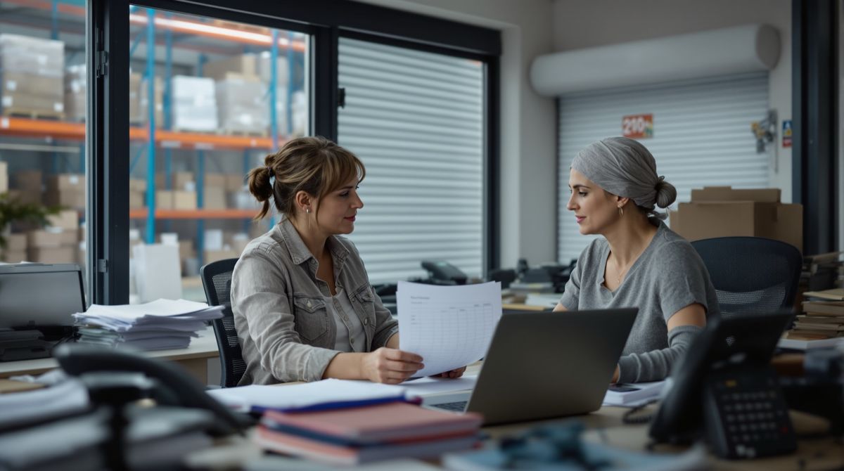 Office manager in a distribution depot cross-checking a printed spreadsheet against a laptop beside stacks of delivery notes