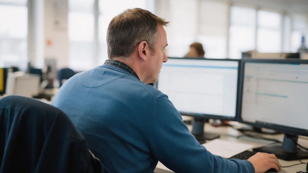 Operations analyst in a blue jumper works at two monitors in a bright open-plan office, seen from behind