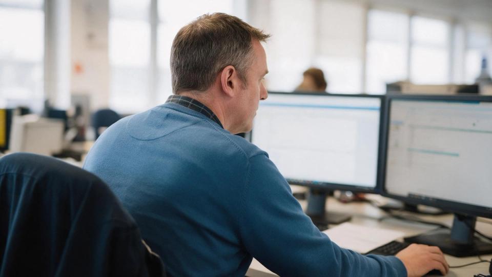 Operations analyst in a blue jumper works at two monitors in a bright open-plan office, seen from behind