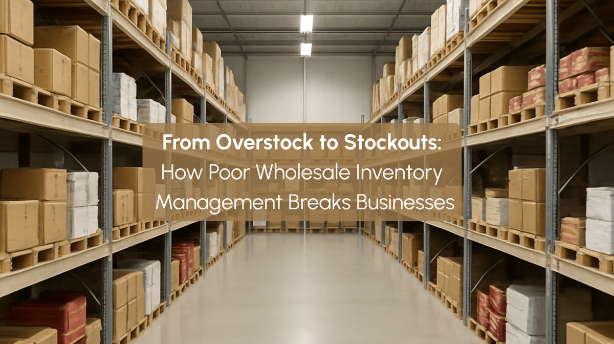 Warehouse shelves with uneven stock levels illustrating overstock and stockout problems in wholesale inventory management