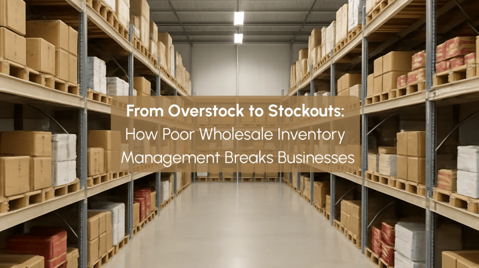 Warehouse shelves with uneven stock levels illustrating overstock and stockout problems in wholesale inventory management