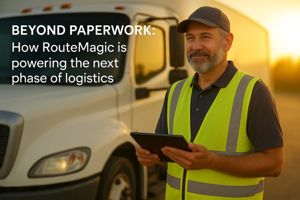 Delivery driver using a digital tablet in front of a truck at sunset, symbolising RouteMagic's paperless logistics and digital proof of delivery