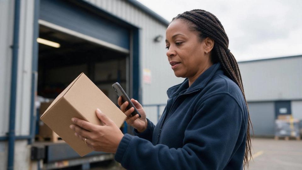 Warehouse team leader with long braids checks a brown case and her phone at a loading-dock door