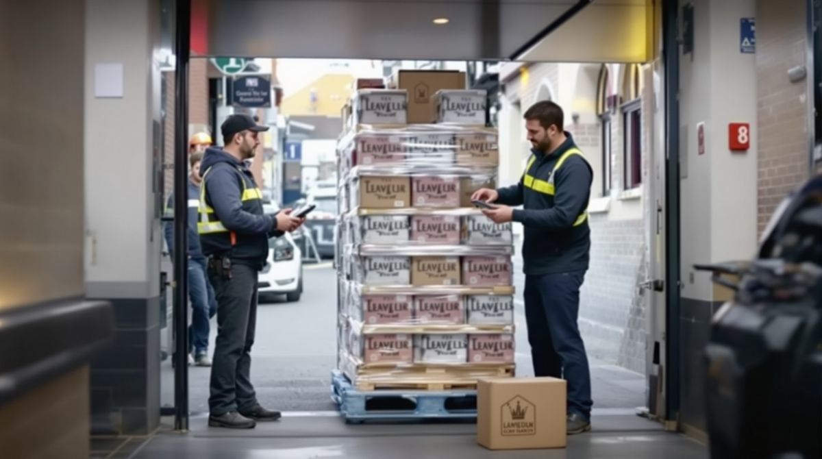 Delivery driver and a venue manager counting cases off a roll cage at a goods-in door, one case set aside