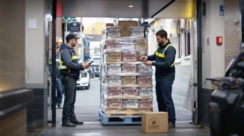 Delivery driver and a venue manager counting cases off a roll cage at a goods-in door, one case set aside