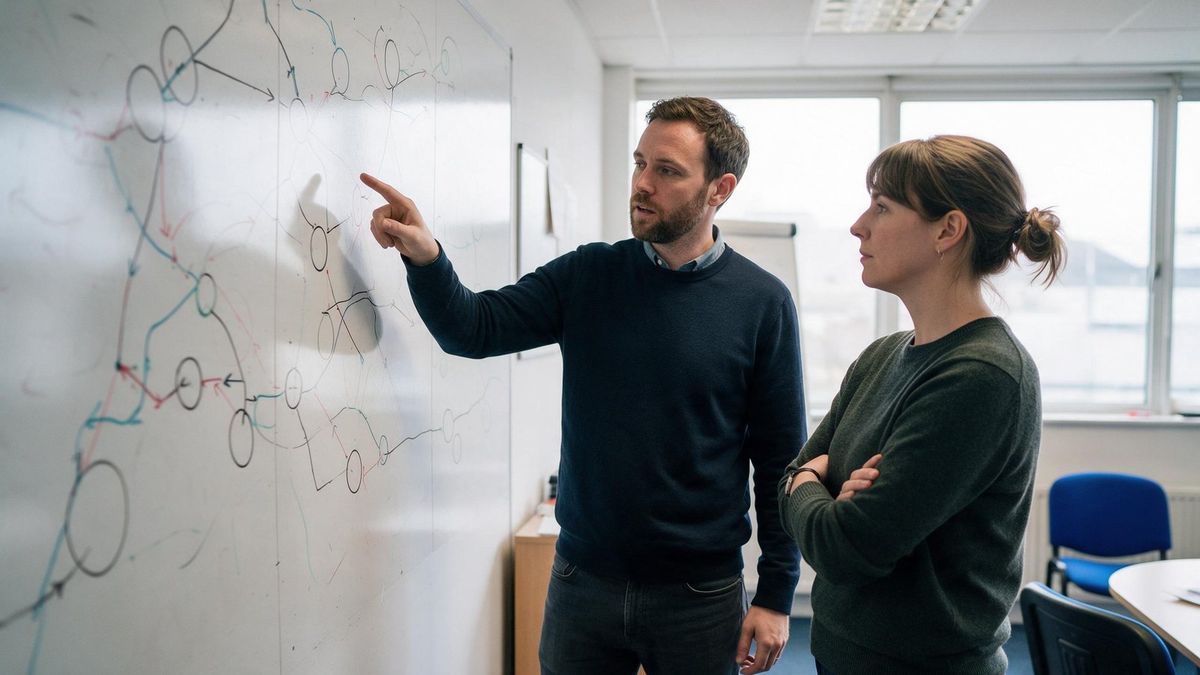 Two colleagues at a whiteboard covered in hand-drawn route lines, one pointing while the other listens with arms folded