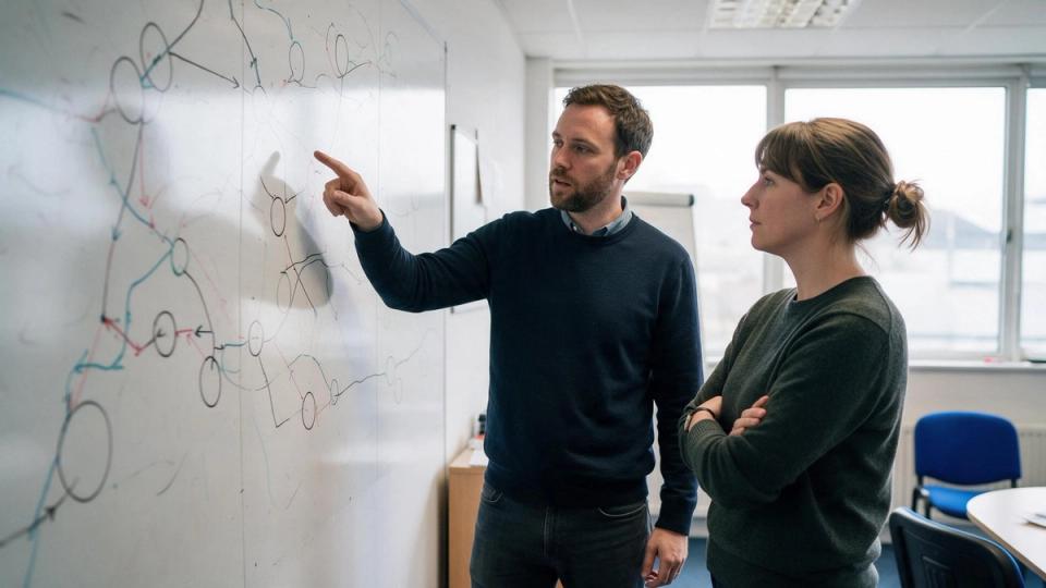 Two colleagues at a whiteboard covered in hand-drawn route lines, one pointing while the other listens with arms folded