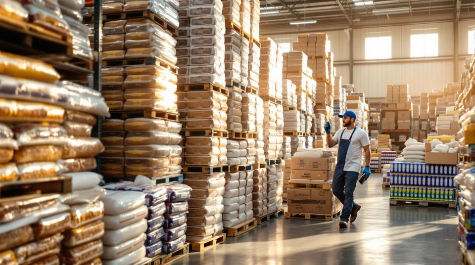 Warehouse worker walking an aisle of pallets stacked with dried goods and drinks ahead of a seasonal demand peak