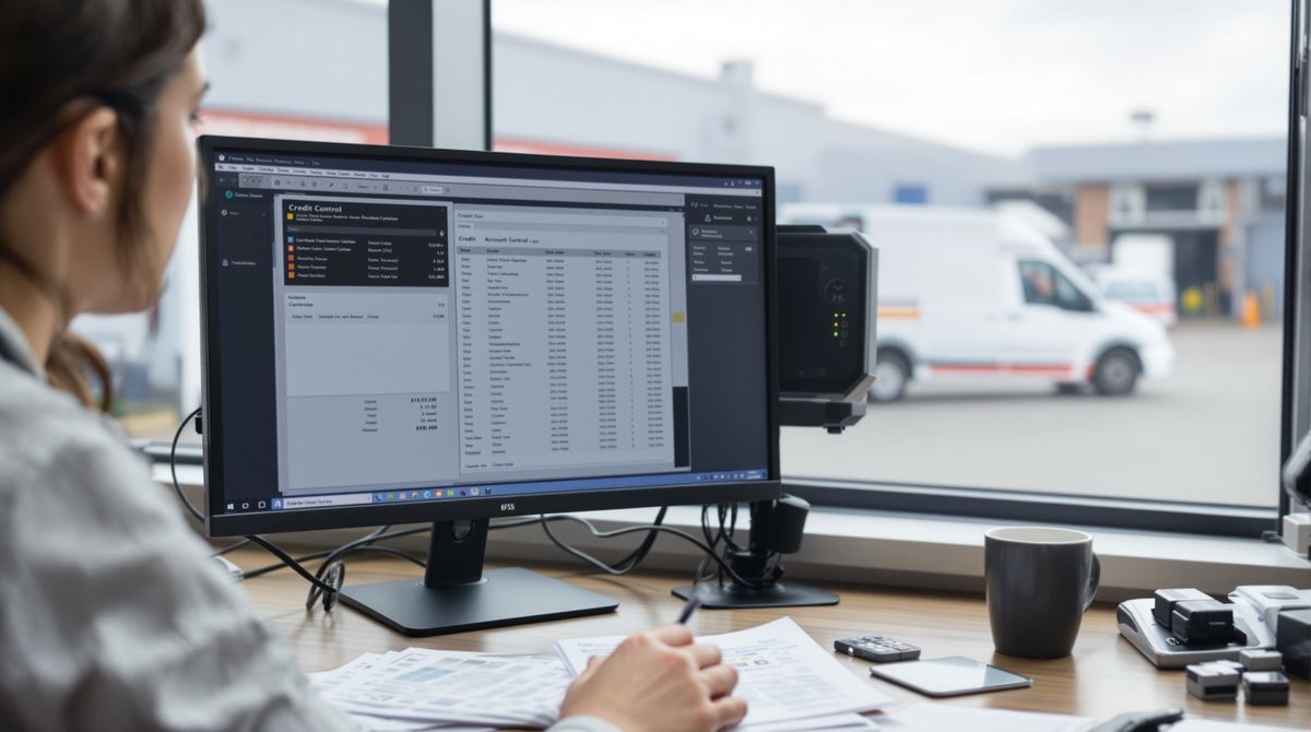 Credit controller reviewing aged account statements on screen as a delivery van leaves the depot yard behind her