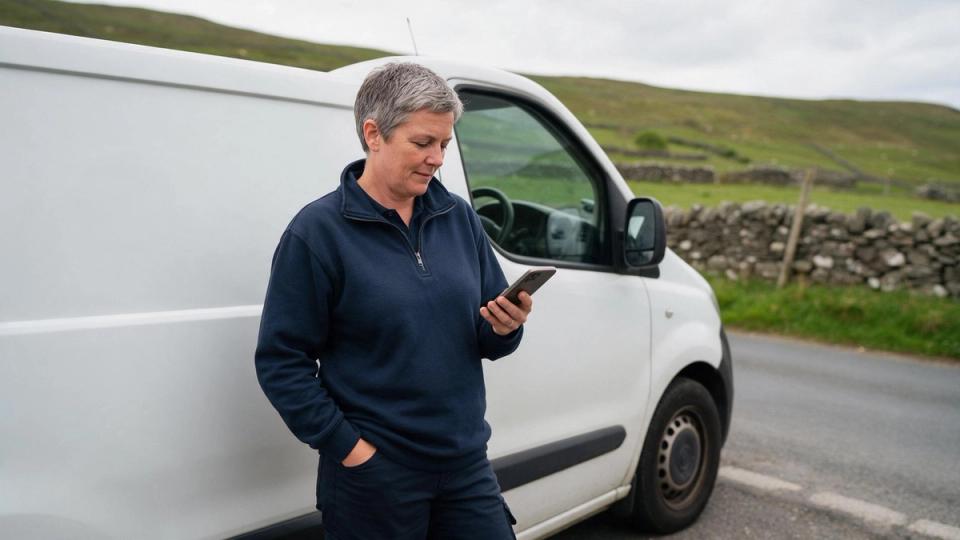 Grey-haired van-sales rep in a navy quarter-zip checks her phone beside a white van on a country lane