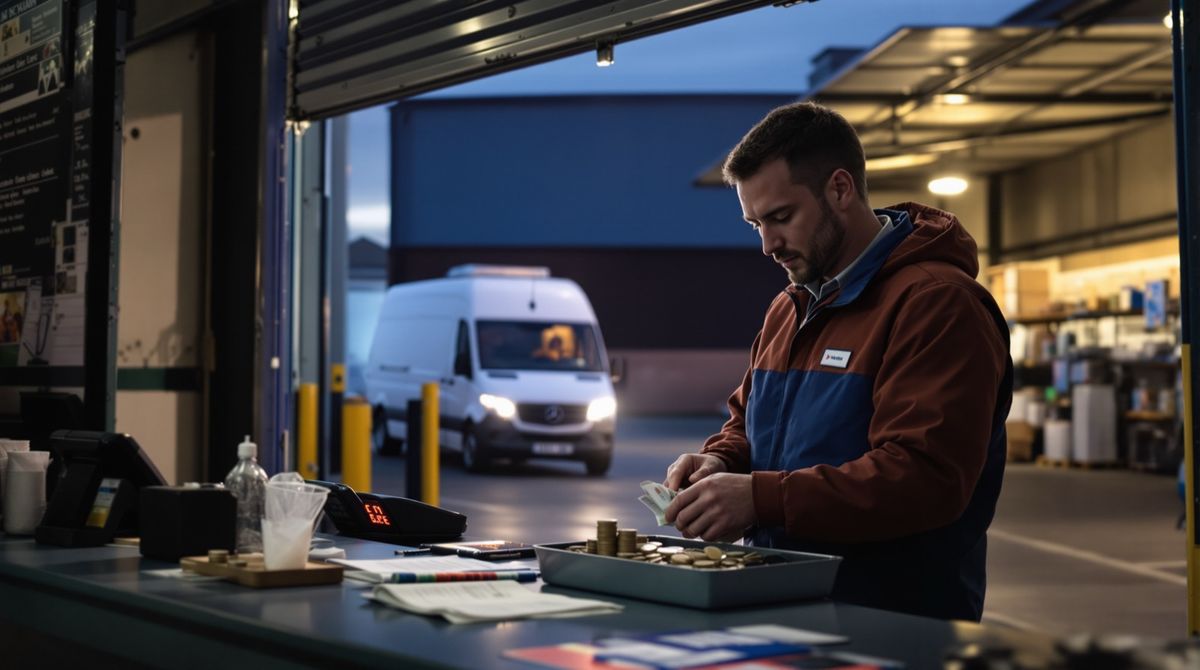 Van sales driver counting cash into a tray at the depot counter at dusk, delivery paperwork beside him