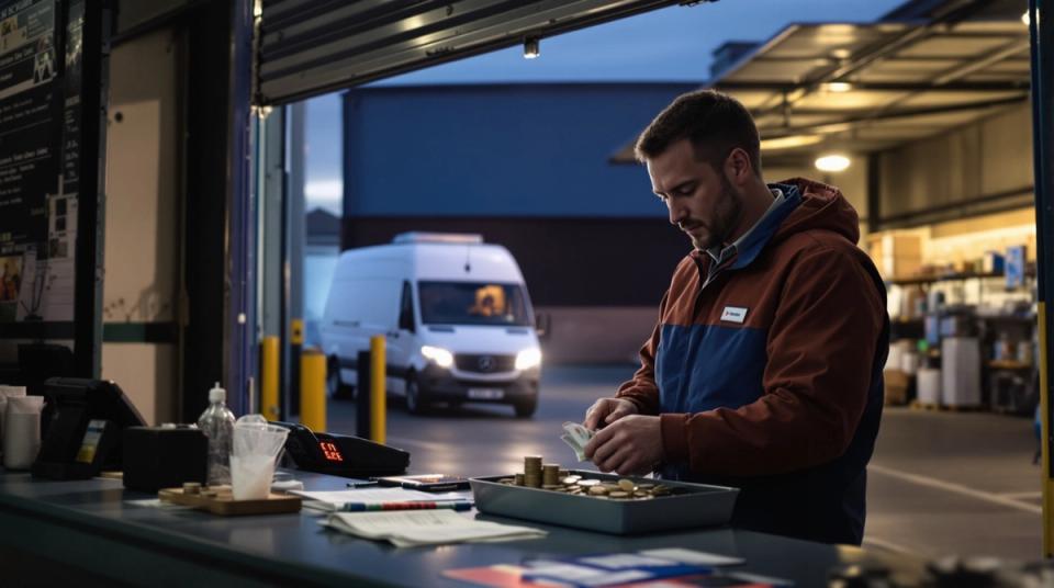 Van sales driver counting cash into a tray at the depot counter at dusk, delivery paperwork beside him
