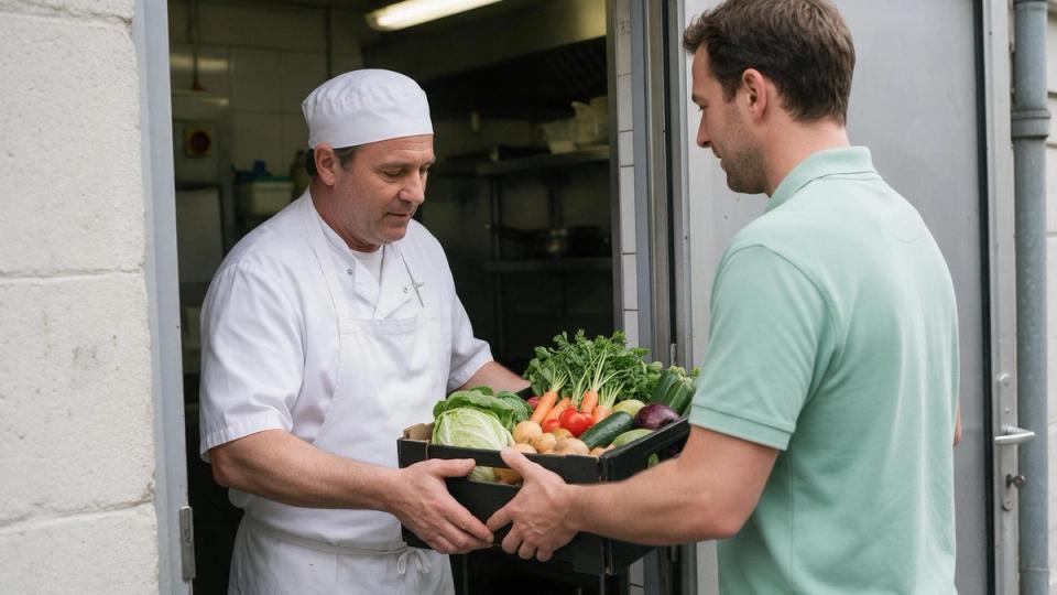 Hotel chef in whites takes a crate of fresh vegetables from a delivery driver at the kitchen back door