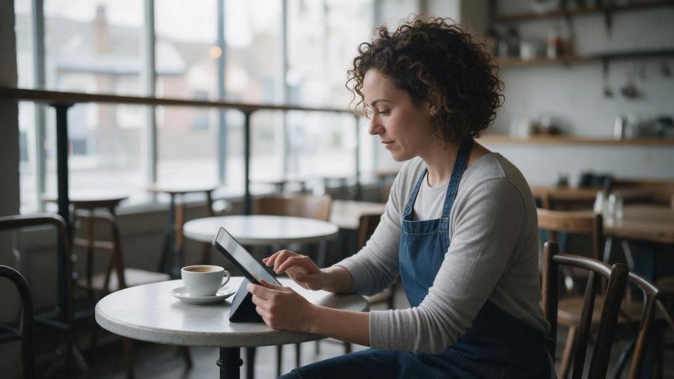 Curly-haired café owner in a denim apron uses a tablet at a small table, coffee cup beside her