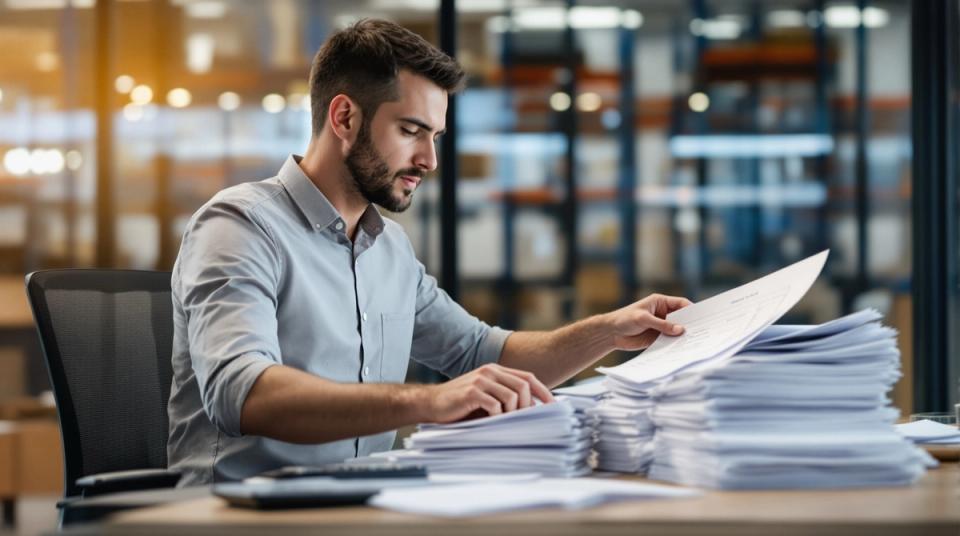 Credit controller working through a thick stack of printed invoices, lifting one onto a separate pile