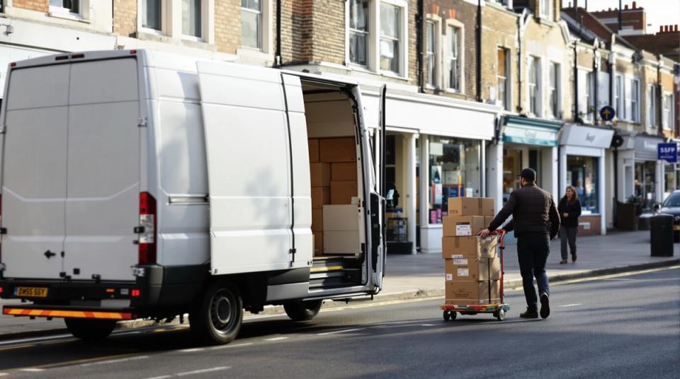 Delivery driver wheeling a stacked hand trolley from a parked van towards a shop on a retail street
