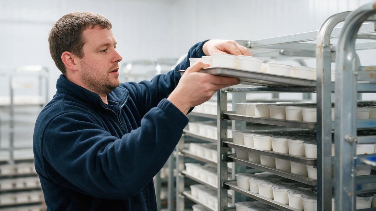 Warehouse operative in a navy fleece slides a tray of white yoghurt pots onto steel racking in a chilled room
