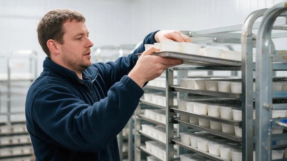 Warehouse operative in a navy fleece slides a tray of white yoghurt pots onto steel racking in a chilled room