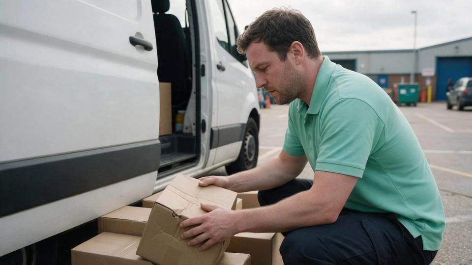 Delivery driver crouches beside the open side door of a white van, inspecting a crushed cardboard carton