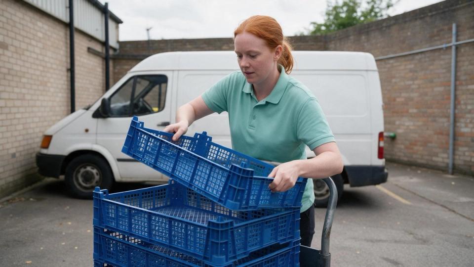 Red-haired driver in a mint-green polo stacks empty blue plastic crates onto a trolley in a walled yard