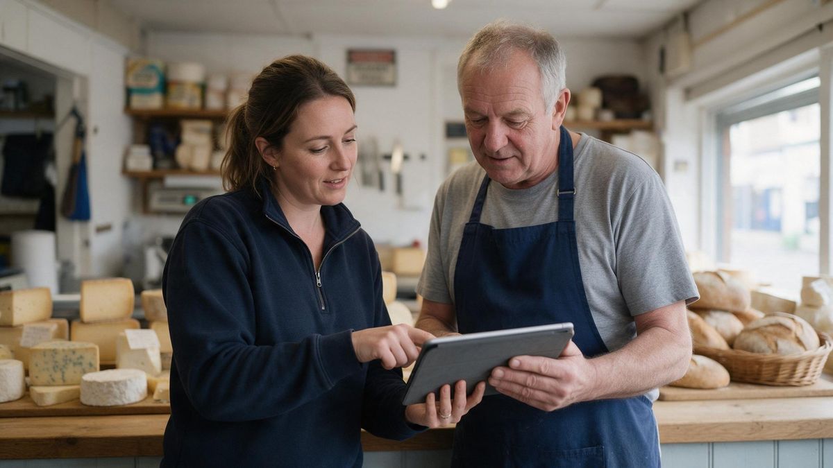 Sales rep and a delicatessen owner in an apron look at a tablet together beside cheeses and bread