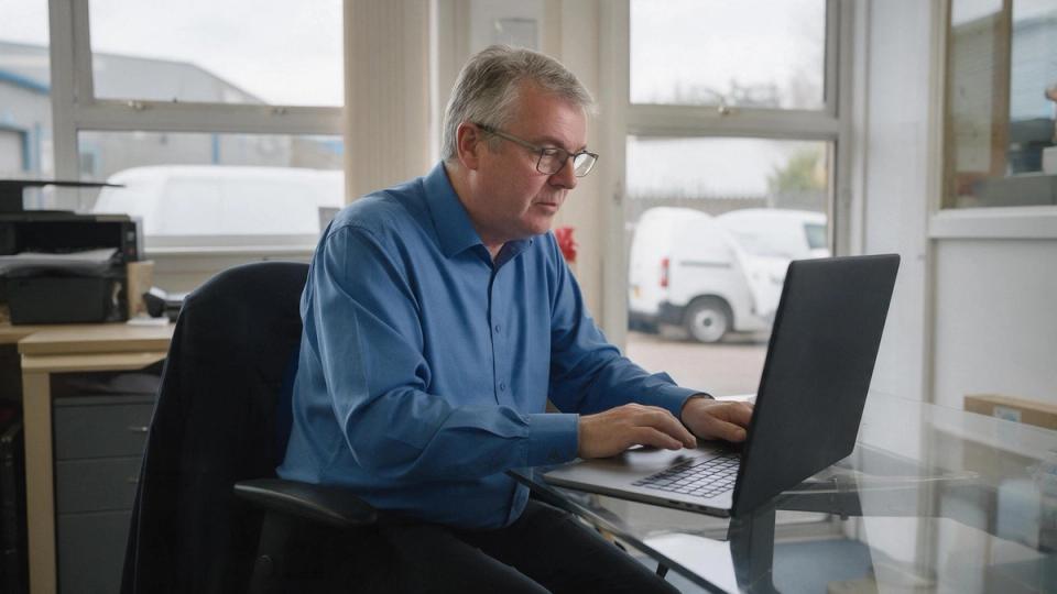 Finance manager in glasses and a blue shirt works on a laptop, white vans parked outside the office window