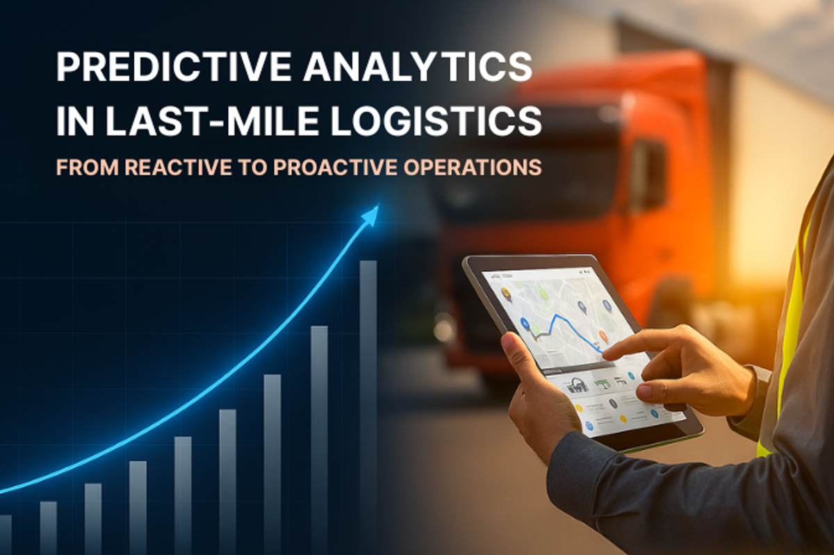 Person using a tablet to monitor logistics data with trucks in the background, symbolizing predictive analytics in last-mile delivery