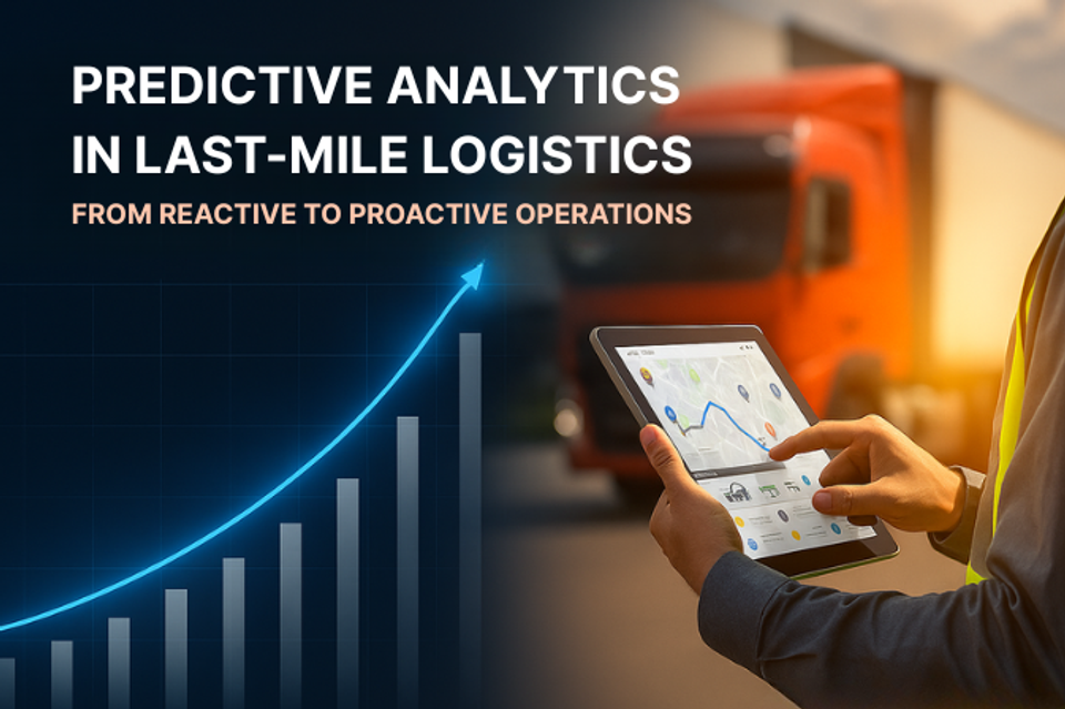 Person using a tablet to monitor logistics data with trucks in the background, symbolizing predictive analytics in last-mile delivery