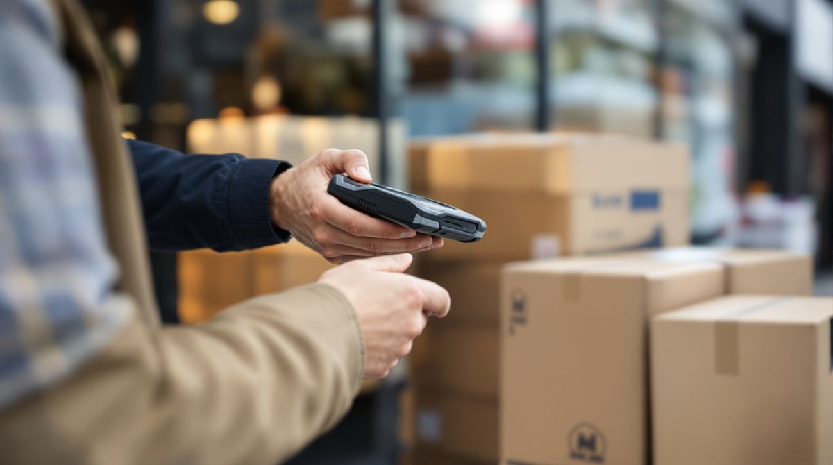 Delivery driver holding out a rugged handheld terminal for a shopkeeper to sign at the doorstep