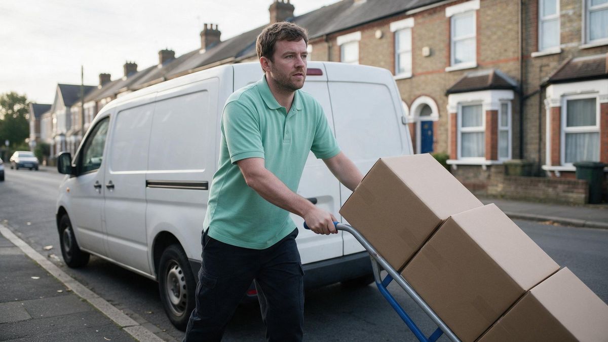 Delivery driver in a mint-green polo wheels cartons on a sack truck along a terraced street past a white van