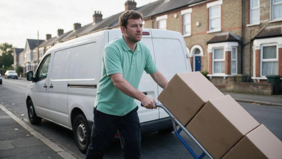 Delivery driver in a mint-green polo wheels cartons on a sack truck along a terraced street past a white van