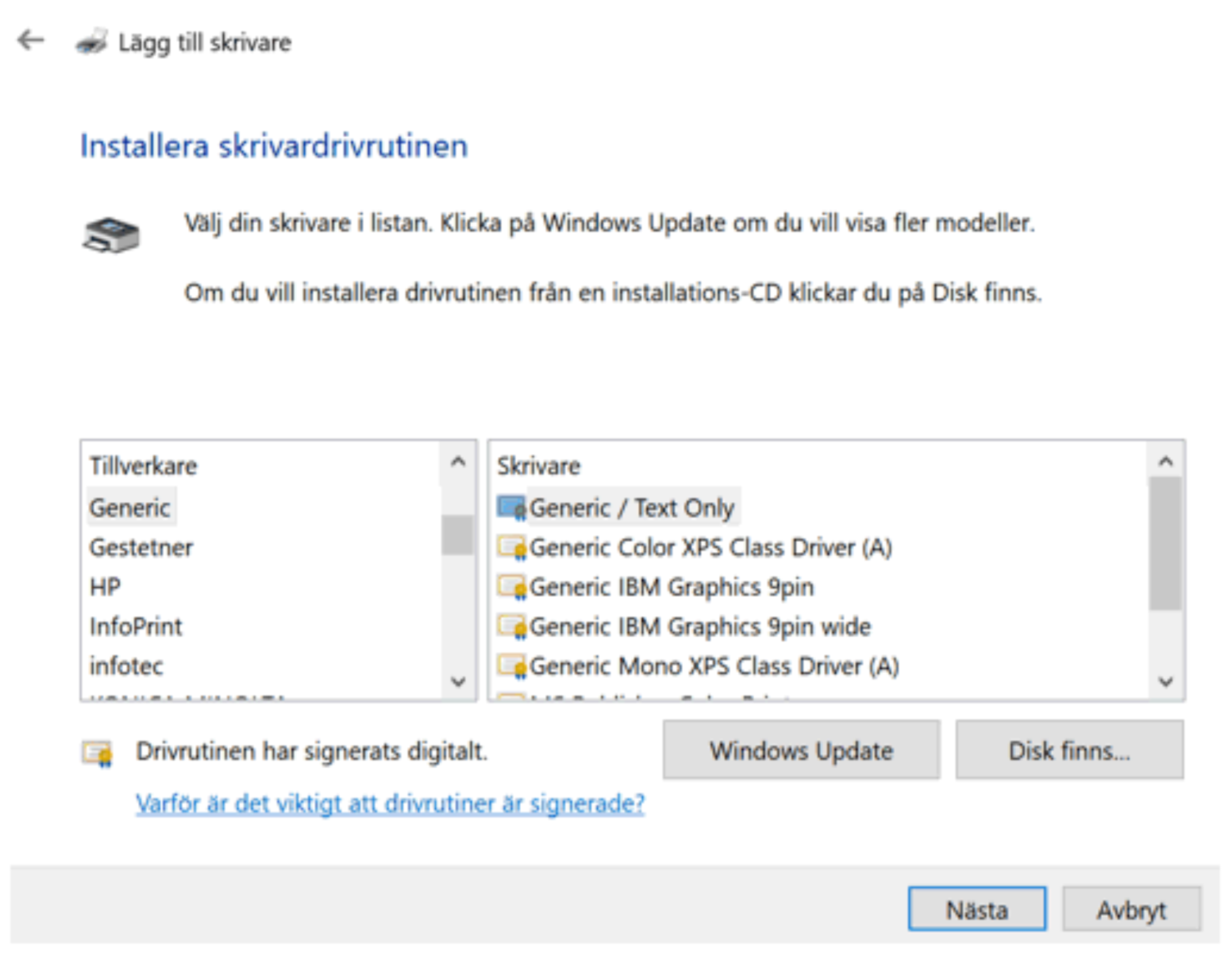 Windows dialog for installing a printer driver, showing manufacturer and model lists with "Generic / Text Only" selected.