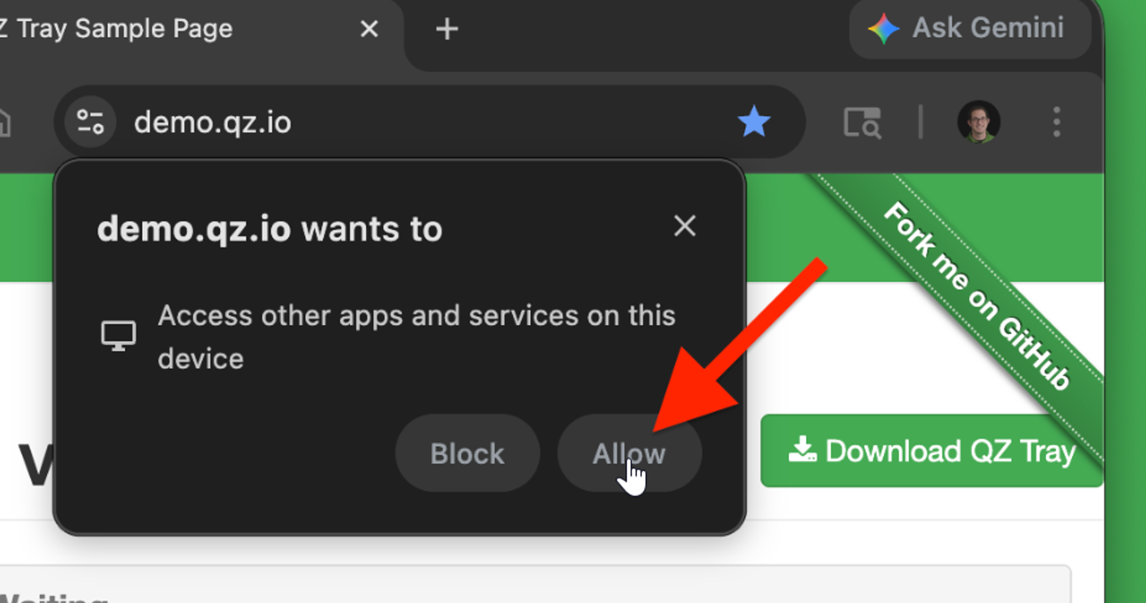 A web browser shows a pop-up asking to "Allow" demo.qz.io to access device services, with a red arrow and cursor pointing to the "Allow" button.