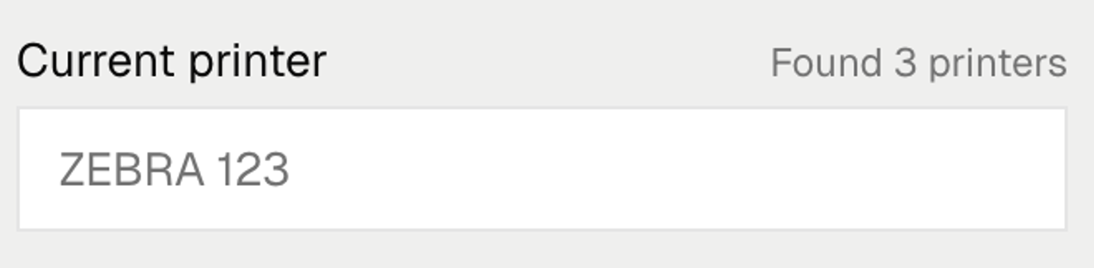Current printer is "Zebra 123", with "Found 3 printers" also displayed.