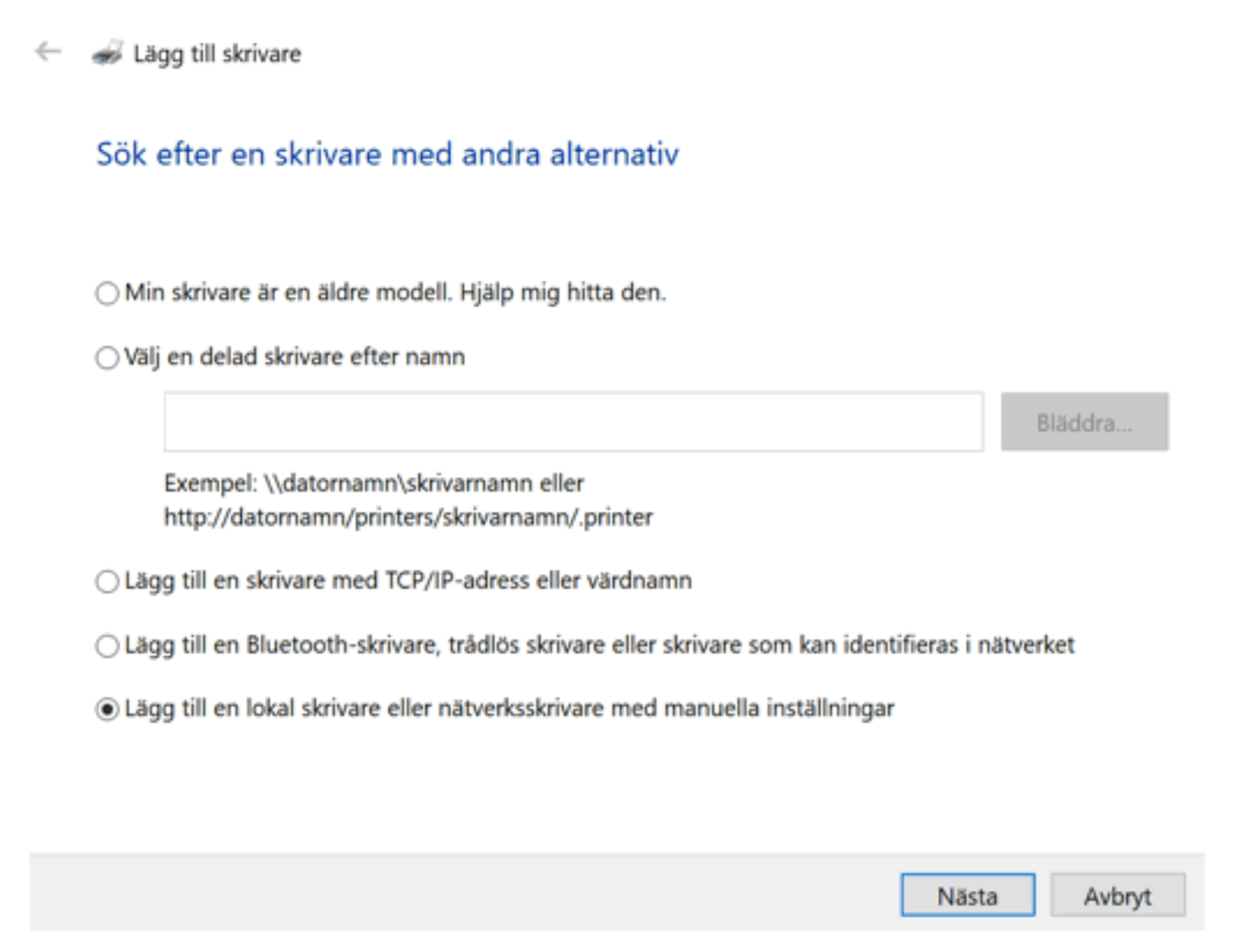 A Windows dialog box for adding a printer, showing several options for finding a printer, with the 'Add a local or network printer with manual settings' option selected.