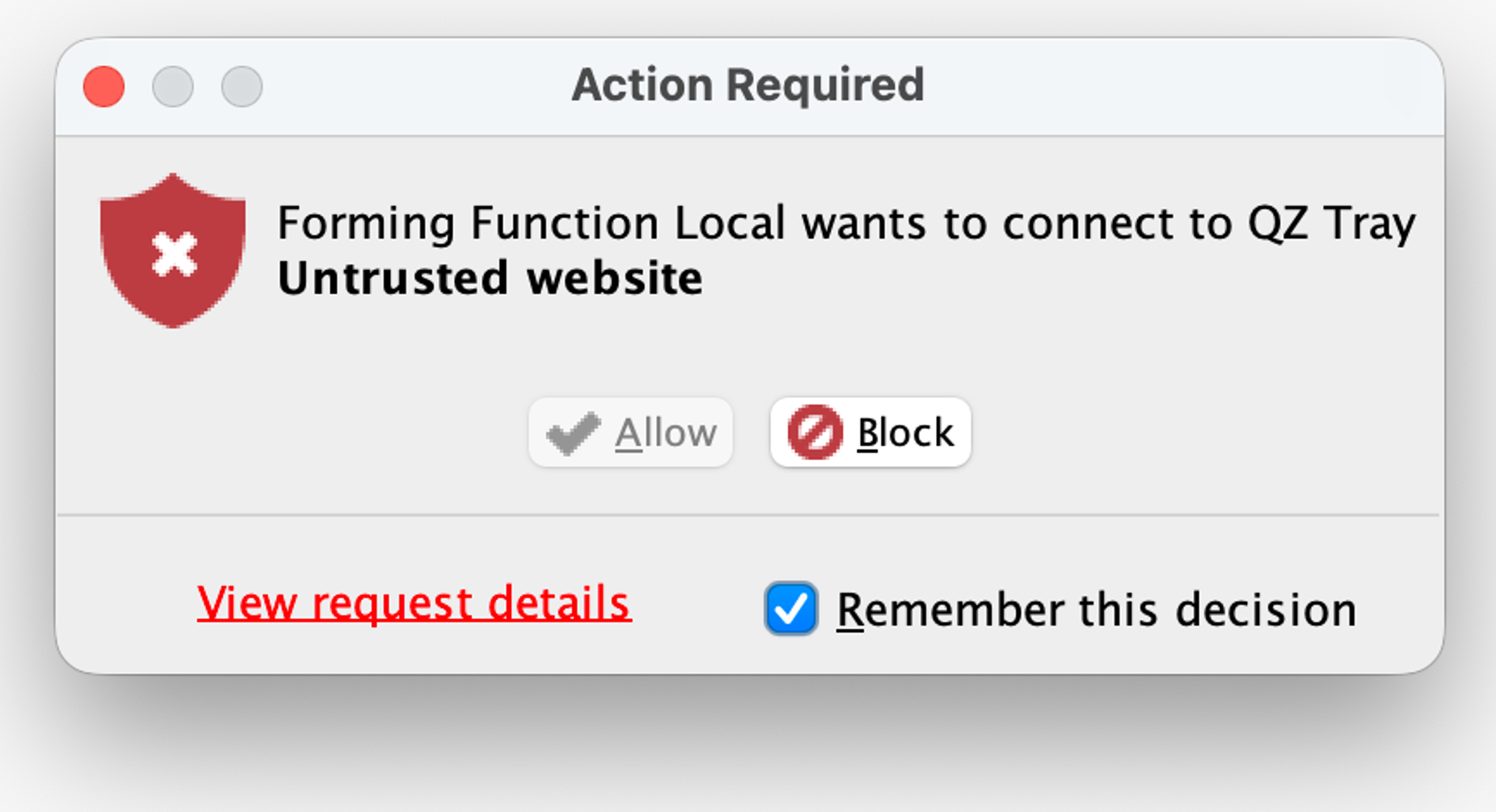 macOS security warning: "Forming Function Local wants to connect to QZ Tray Untrusted website", with Allow and Block buttons.