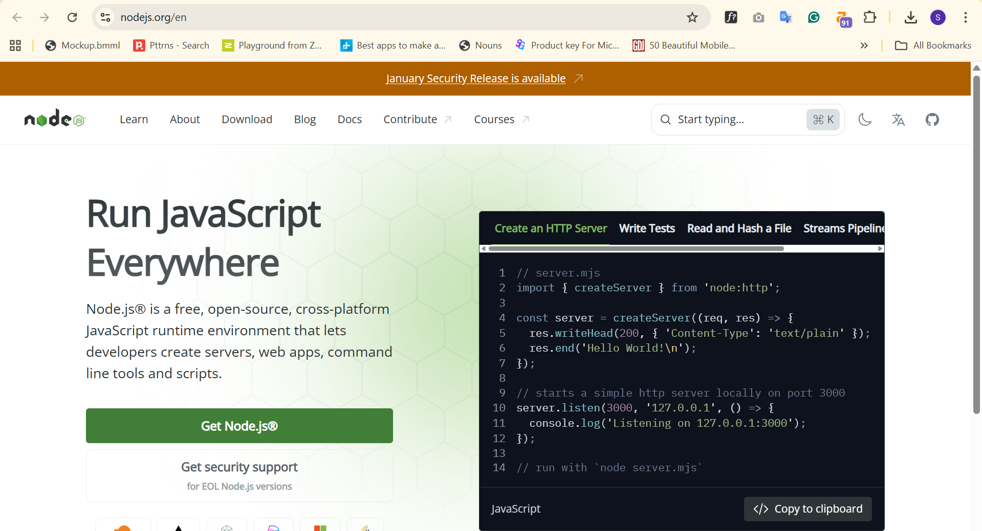 Node.js download page showing LTS and Current version options