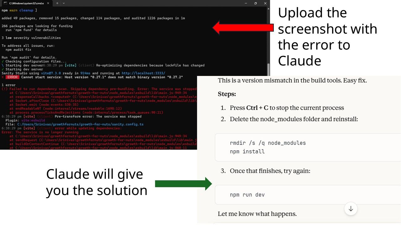 Claude conversation showing a pasted error screenshot and Claude's response explaining the fix