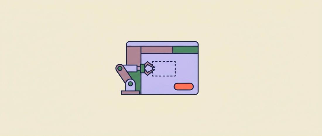 Robotic arm pointing at an empty dashed outline while the button sits elsewhere, illustrating UiPath selector drift