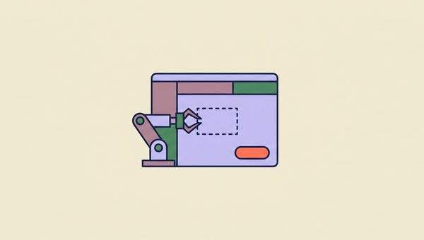 Robotic arm pointing at an empty dashed outline while the button sits elsewhere, illustrating UiPath selector drift