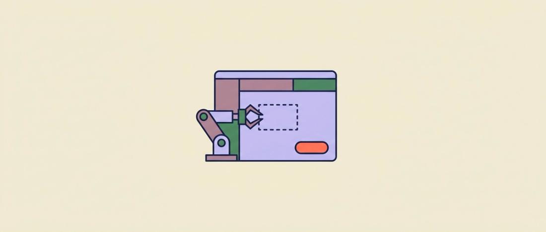Robotic arm pointing at an empty dashed outline while the button sits elsewhere, illustrating UiPath selector drift