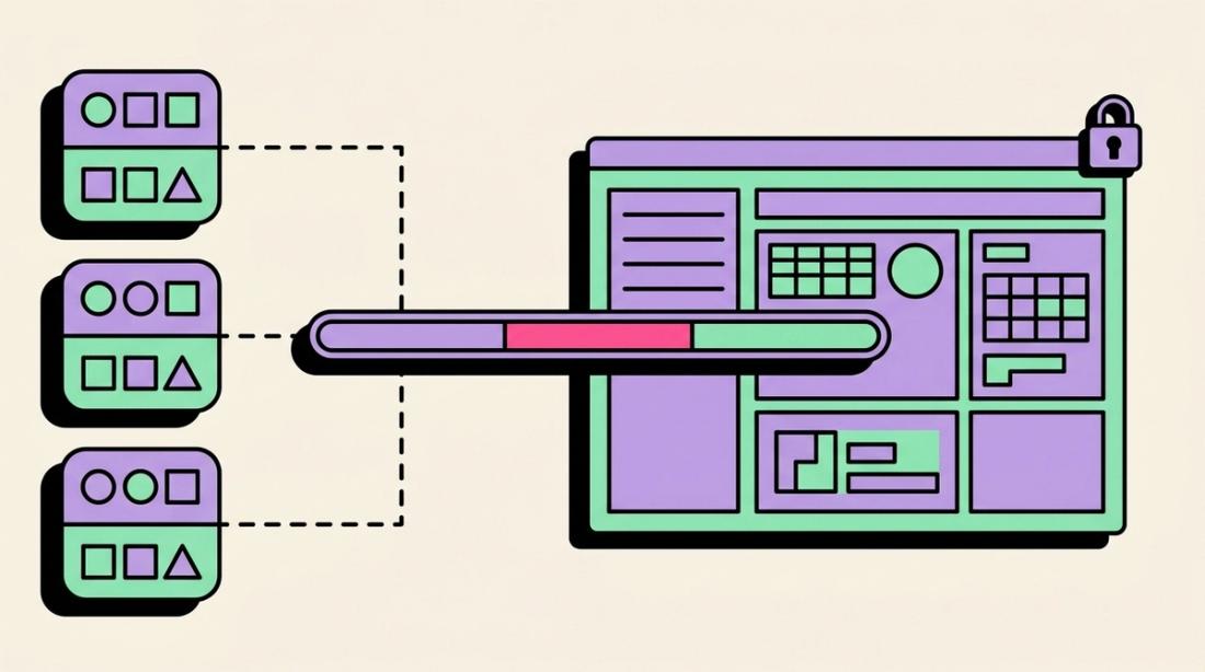 Illustration of no-code automation tools connecting to a locked enterprise platform through a generated API layer