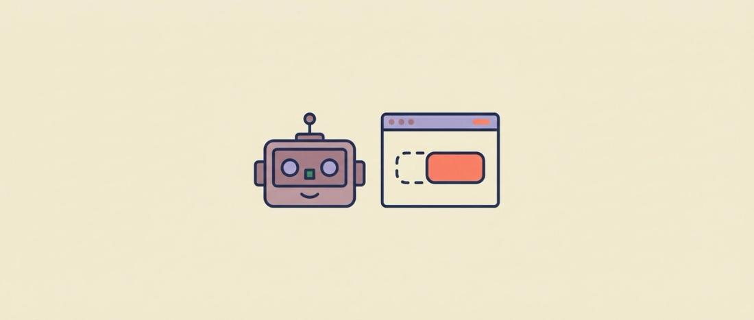 Robot head beside a browser window with a button displaced from its outline, illustrating RPA selector drift