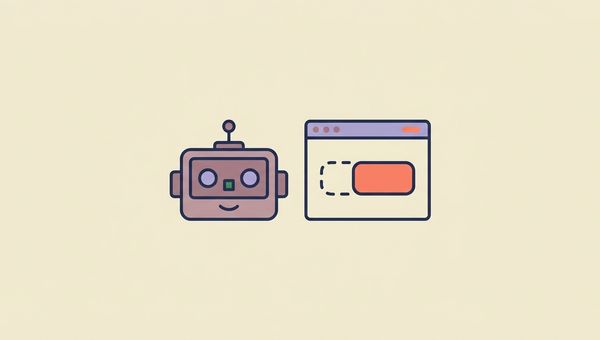 Robot head beside a browser window with a button displaced from its outline, illustrating RPA selector drift