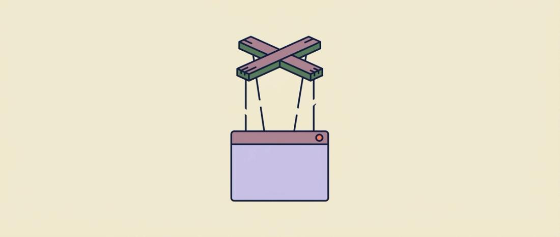 Marionette control bar with cut strings above a browser window, illustrating Puppeteer breakage