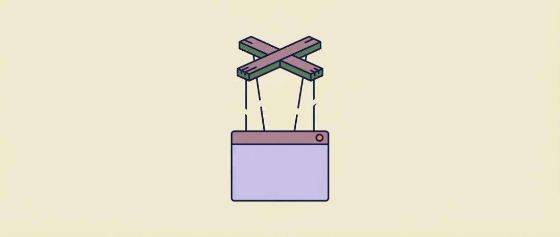 Marionette control bar with cut strings above a browser window, illustrating Puppeteer breakage