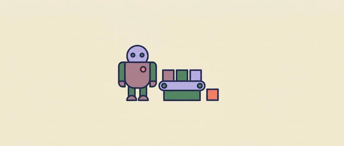 Robot beside a conveyor belt with a fallen block, illustrating Automation Anywhere bot failure